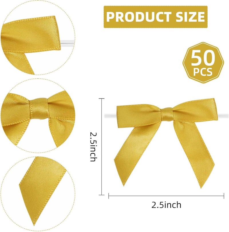 Sokfone Yellow Satin Ribbon Bows for Crafts Twist Tie Bow Decor 2.5" Premade Bows for Gift Wrapping Mini Bows Treat Bags Cake Pop Bows DIY Party Decorations - 50 Counts - Image 3